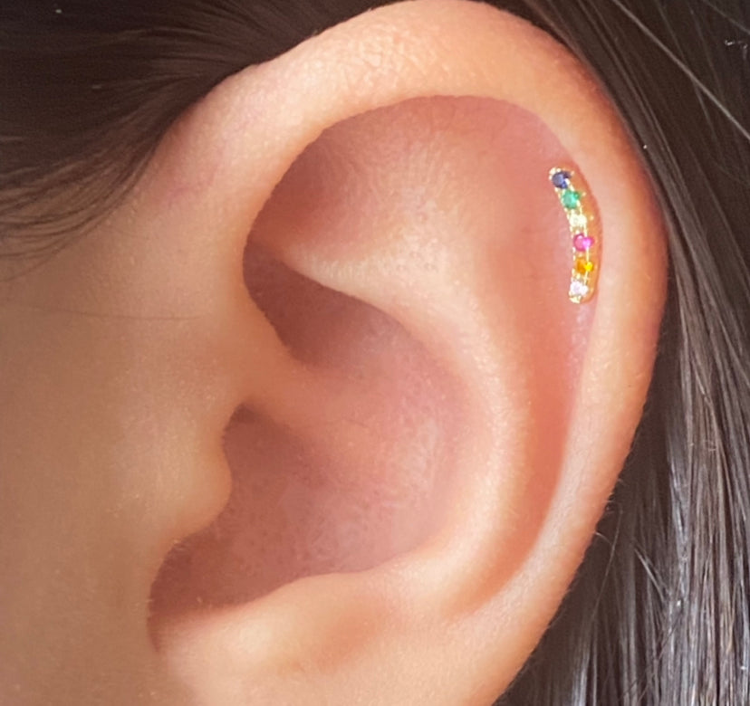 14K Gold Push Flat Back Rainbow Curved Bar Earring