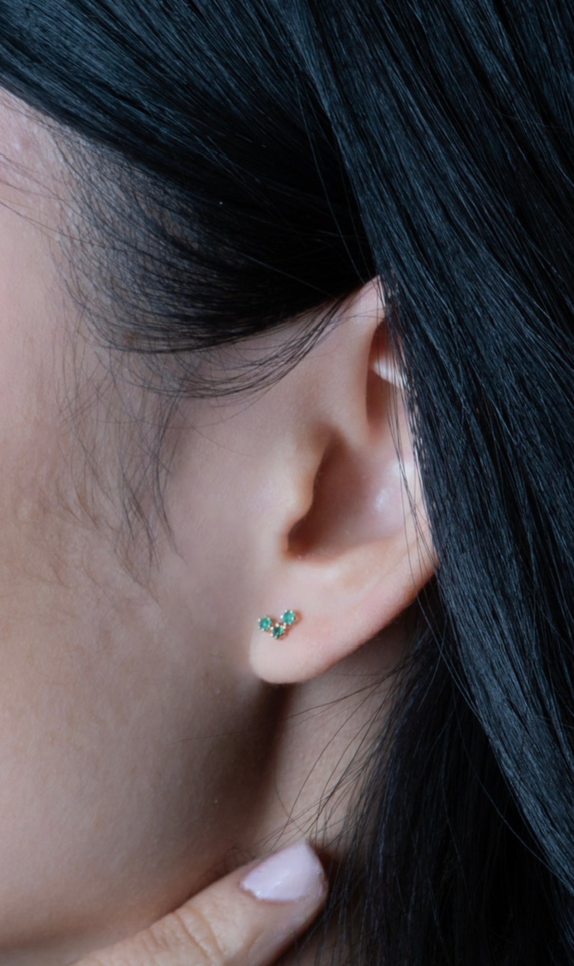 14K Gold Push Flat Back Three Emerald Earring