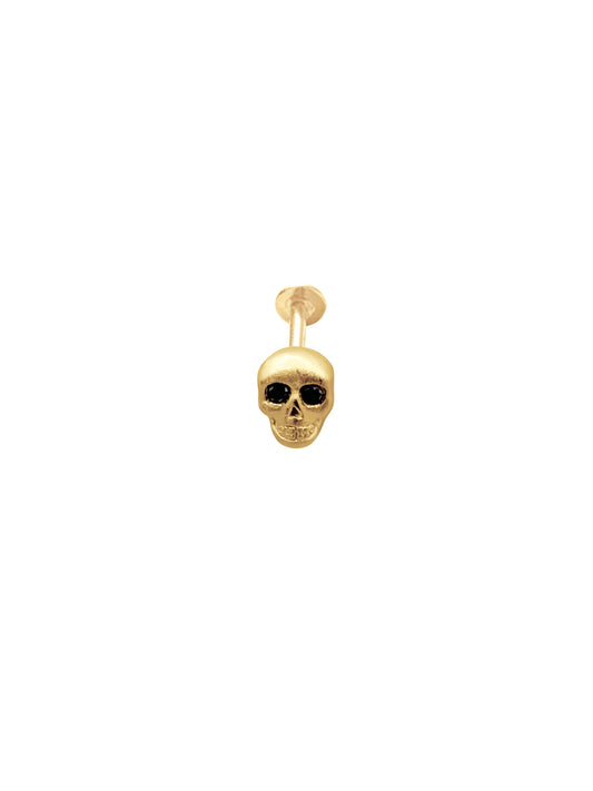 14K Gold Push Flat Back Black Dimond Scull Earring