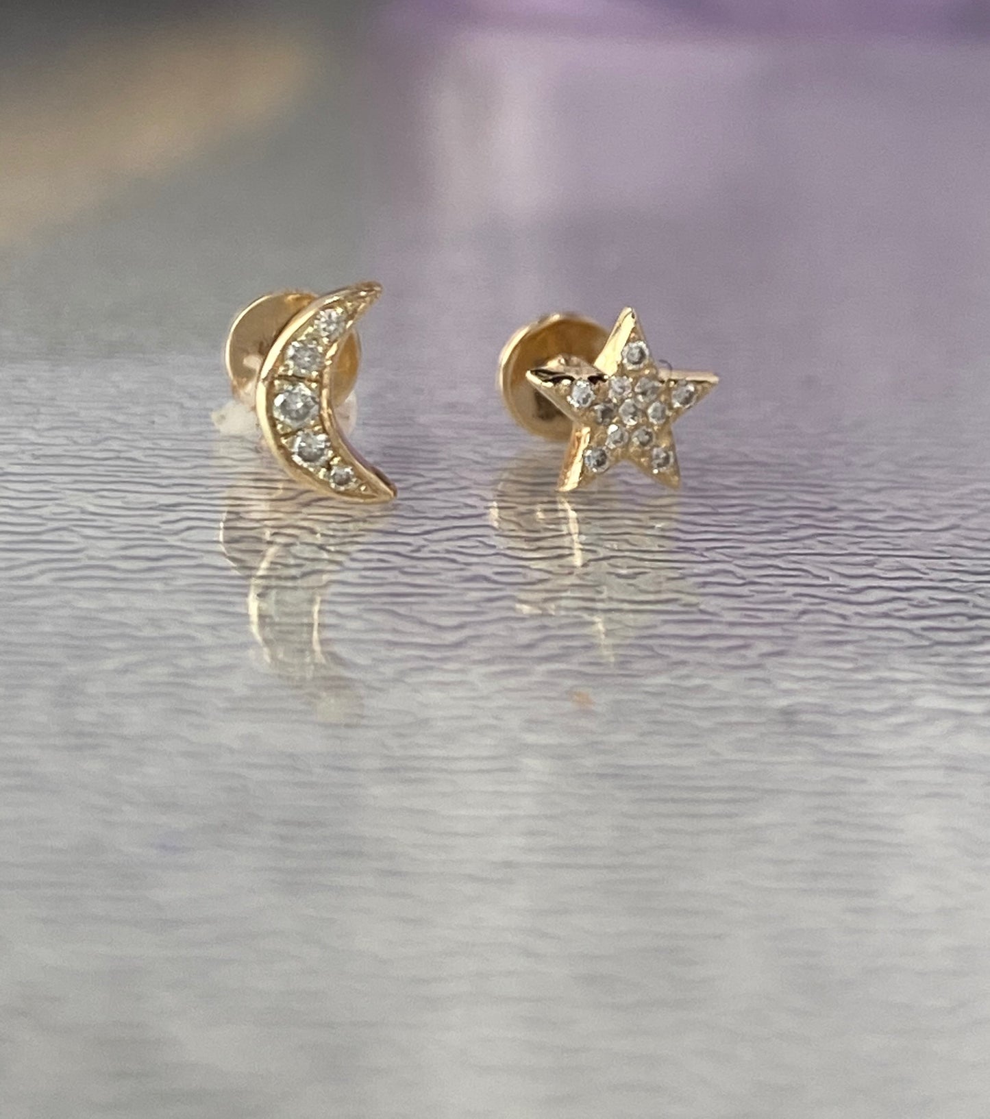 14K Gold Push Flat Back Diamond Moon/Star Earring