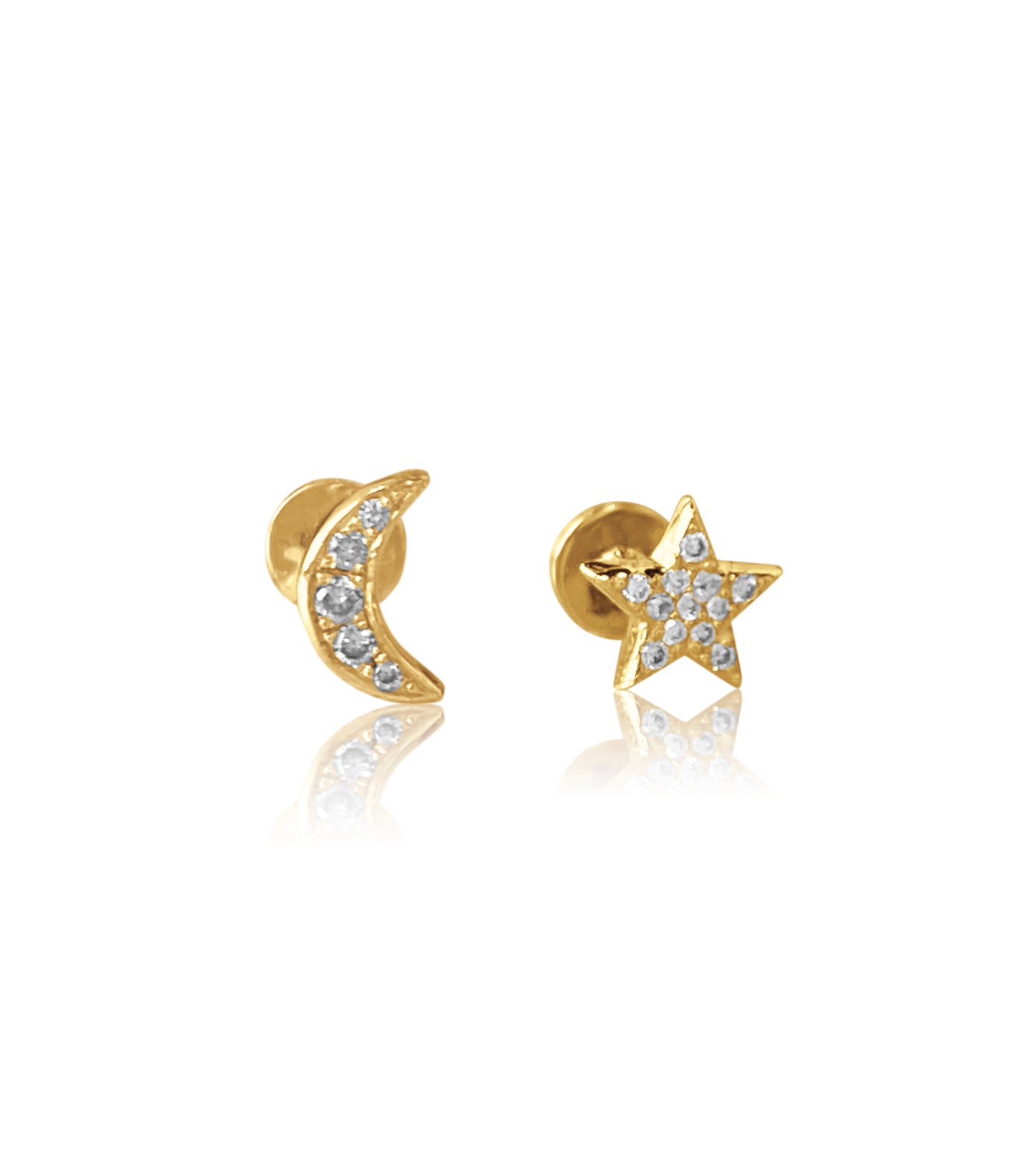 14K Gold Push Flat Back Diamond Moon/Star Earring