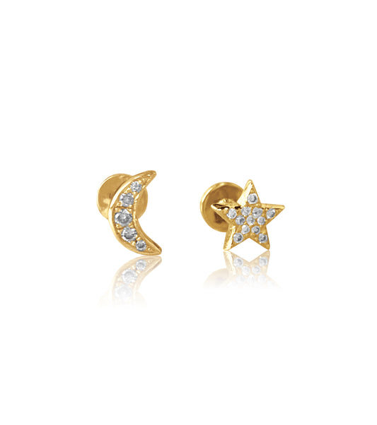 14K Gold Push Flat Back Diamond Moon/Star Earring