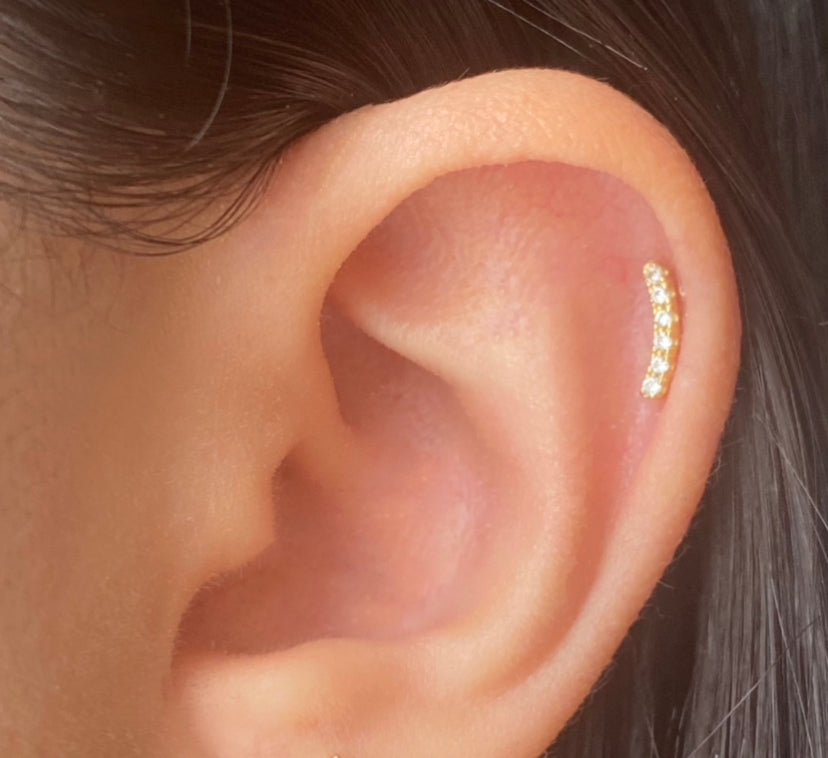 14K Gold Push Flat Back Diamond Curved Bar Earring