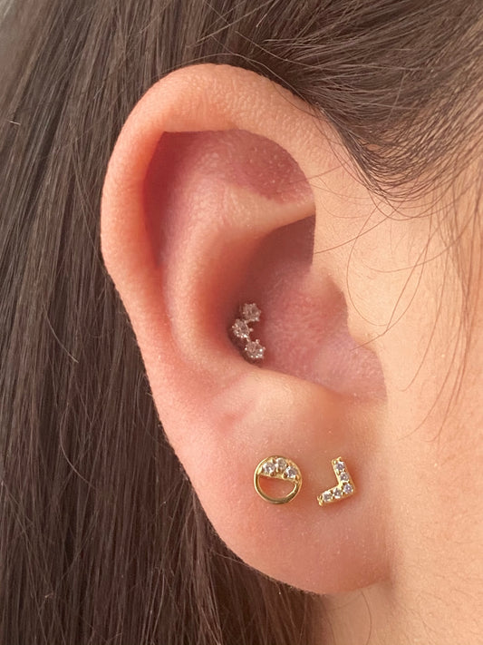 14K Gold Push Flat Back Three Diamond Earring