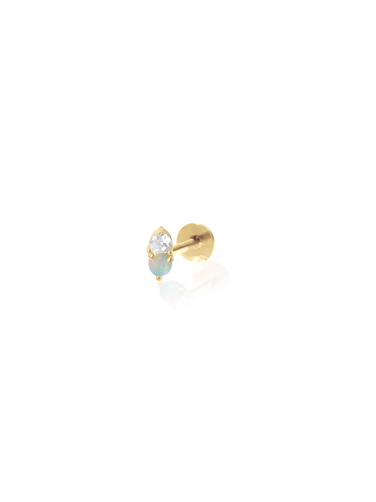14K Gold Push Flat Back Diamond & Opal Earring