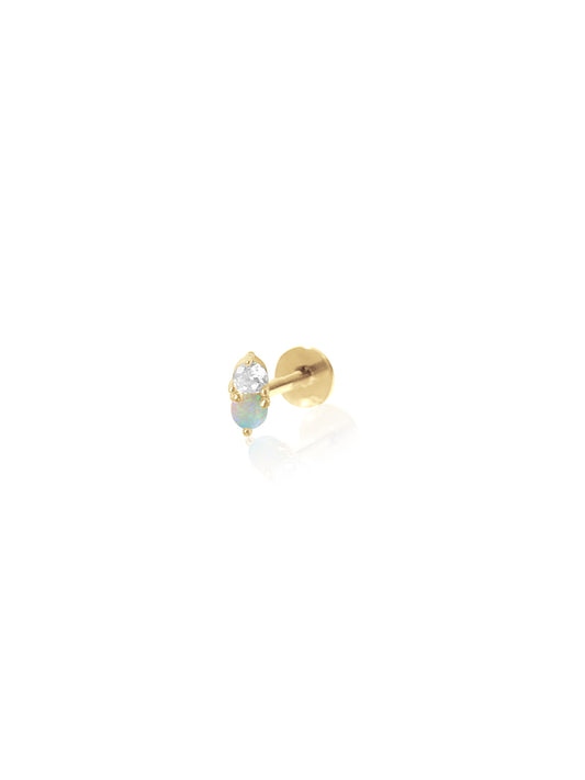 14K Gold Push Flat Back Diamond & Opal Earring