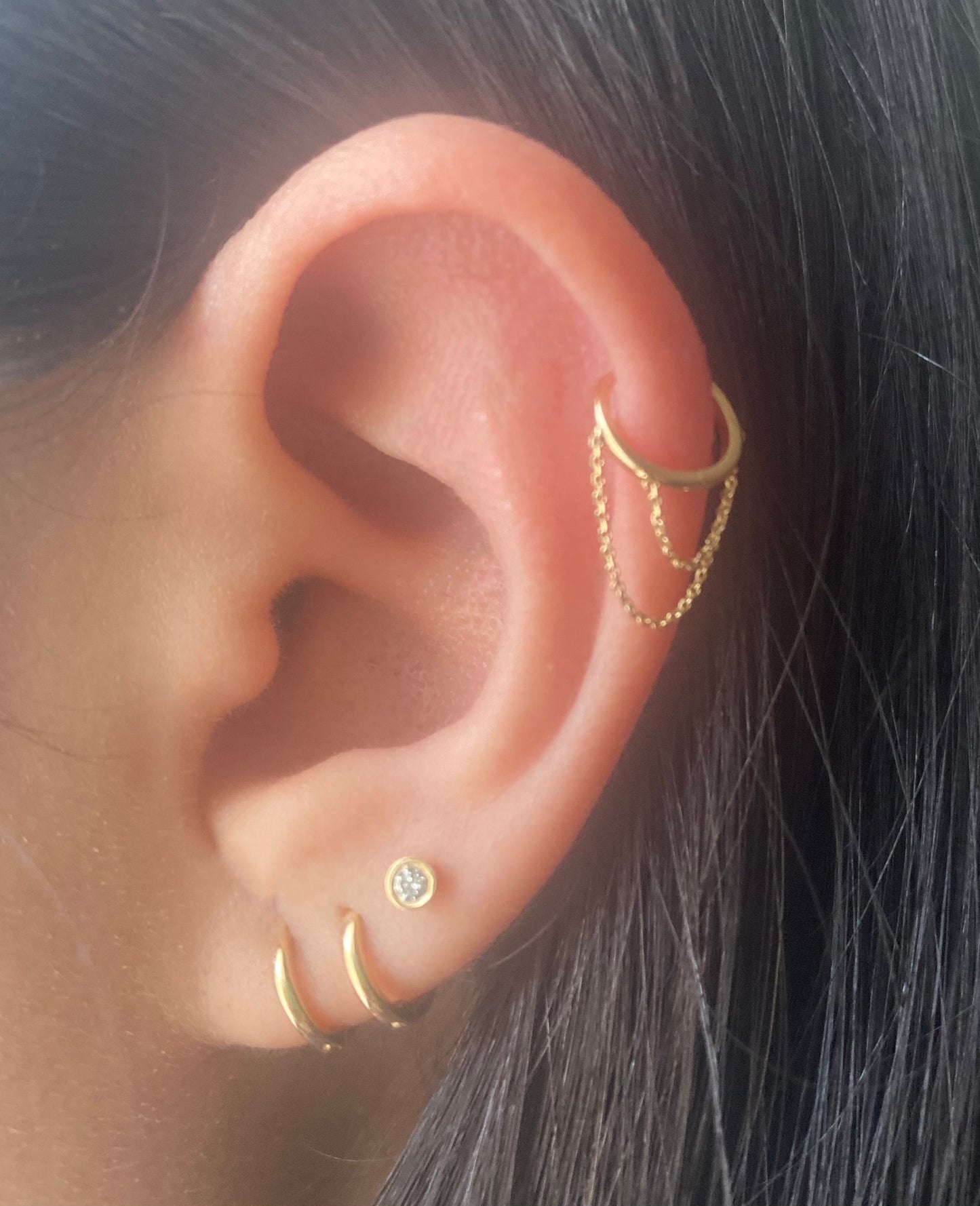 14KT Gold Mini Double Chain Huggie Clicker Earring