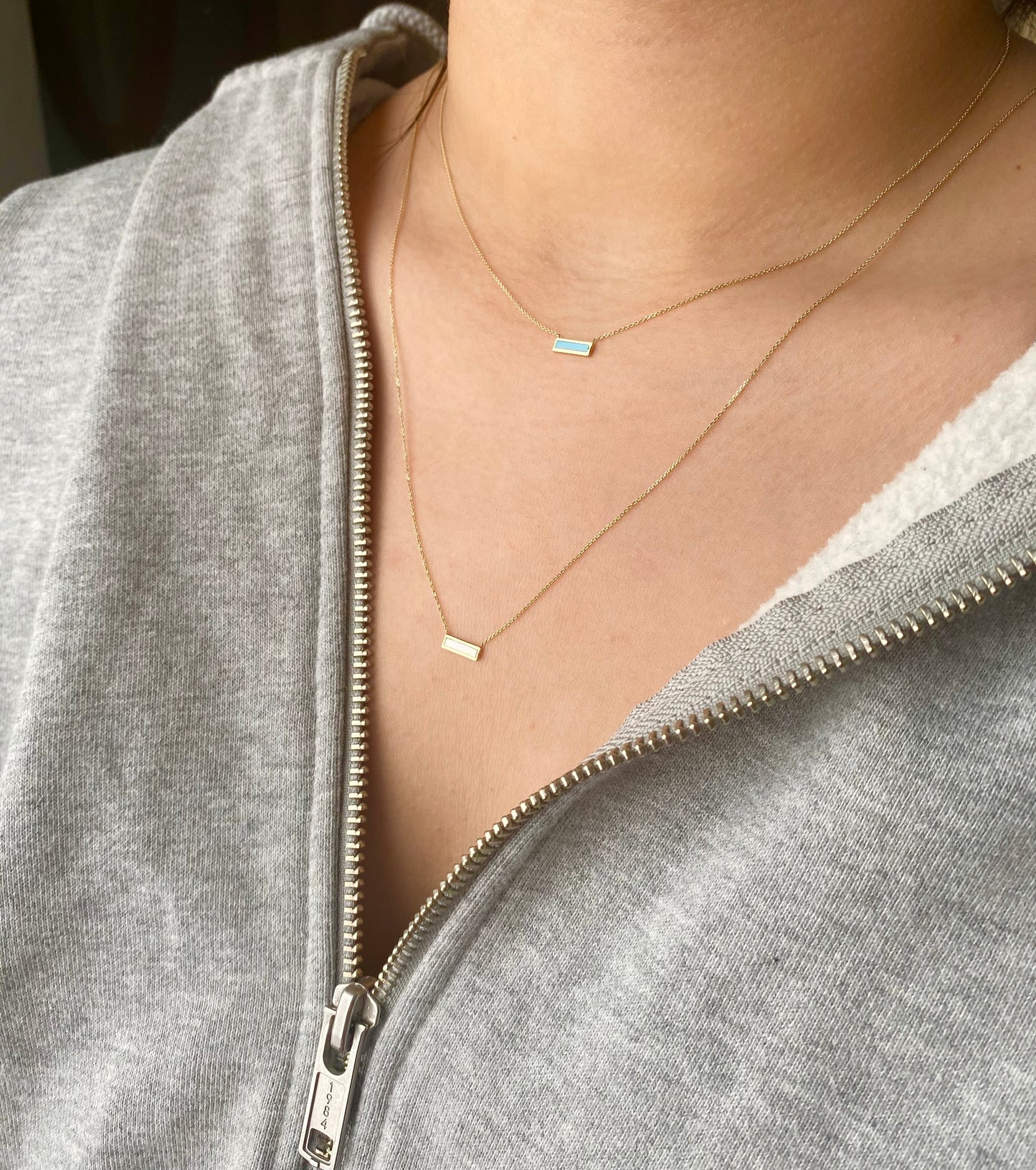 14K Gold Turquoise/Mother Of Pearl Bar Necklace