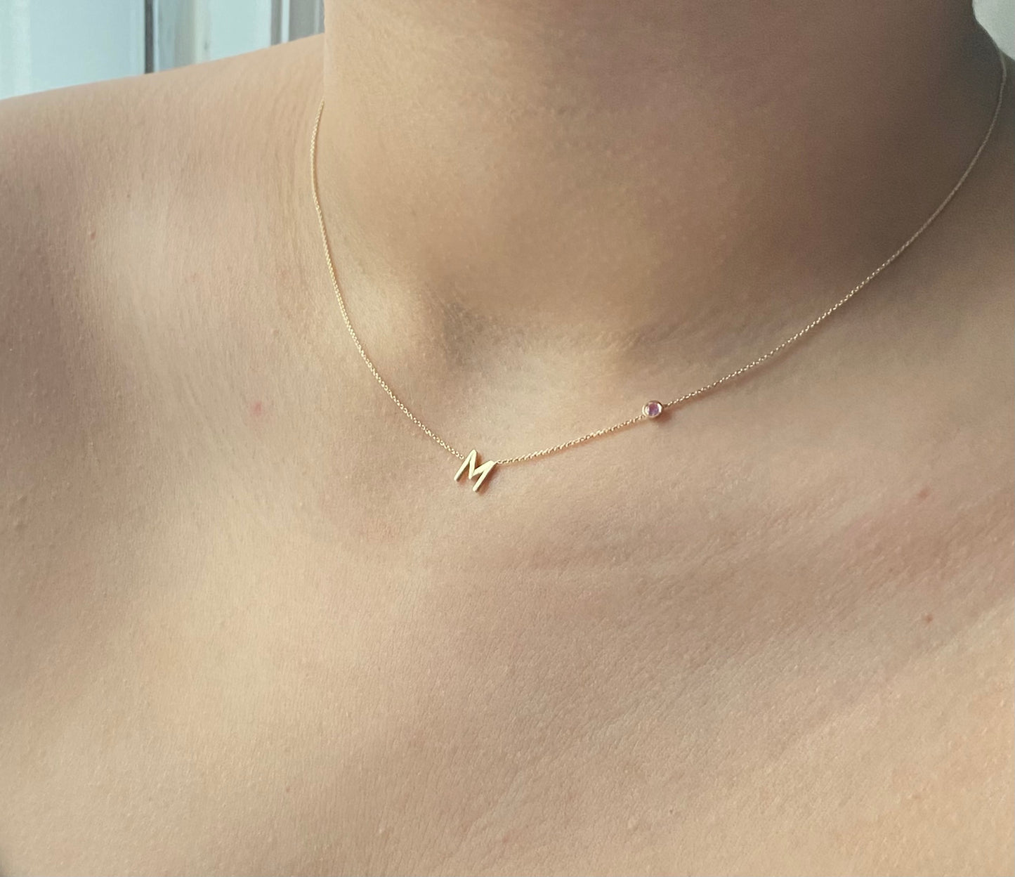 14KT Gold Initial & Birthstone Necklace