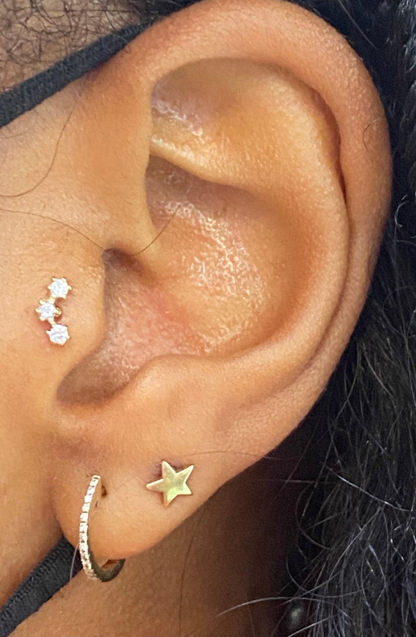 14K Gold Push Flat Back Three Diamond Earring