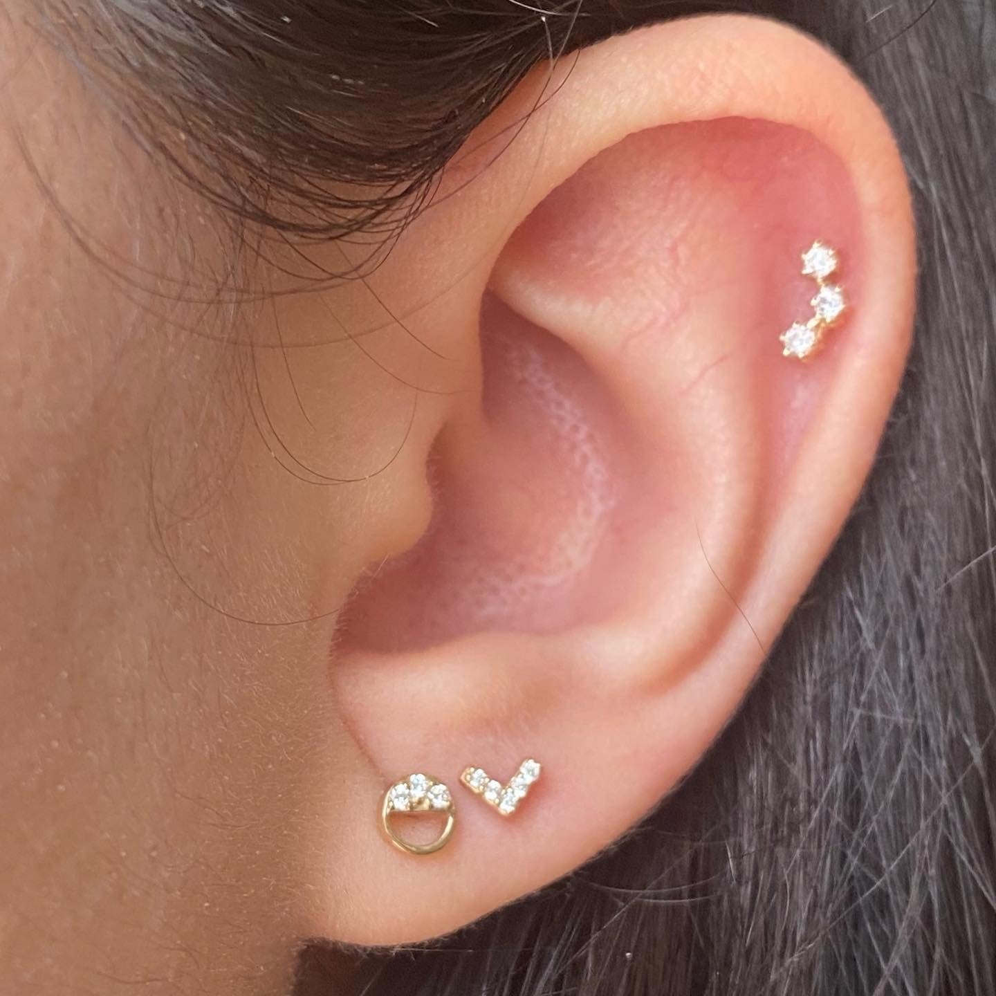 14K Gold Push Flat Back Three Diamond Earring