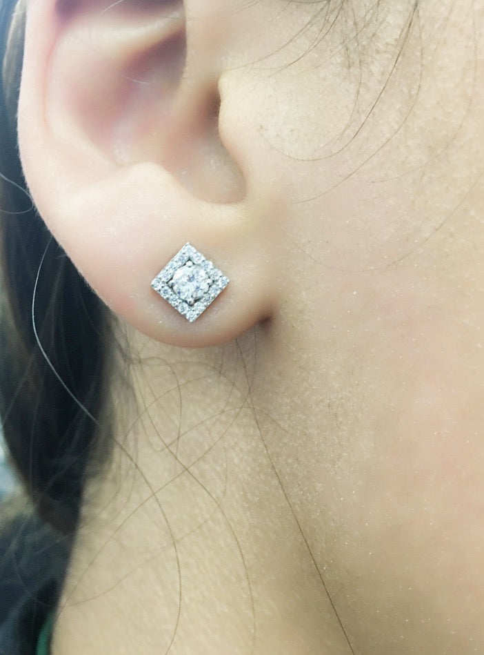 14K Gold Diamond square Halo Earrings