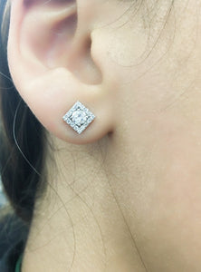 14K Gold Diamond square Halo Earrings