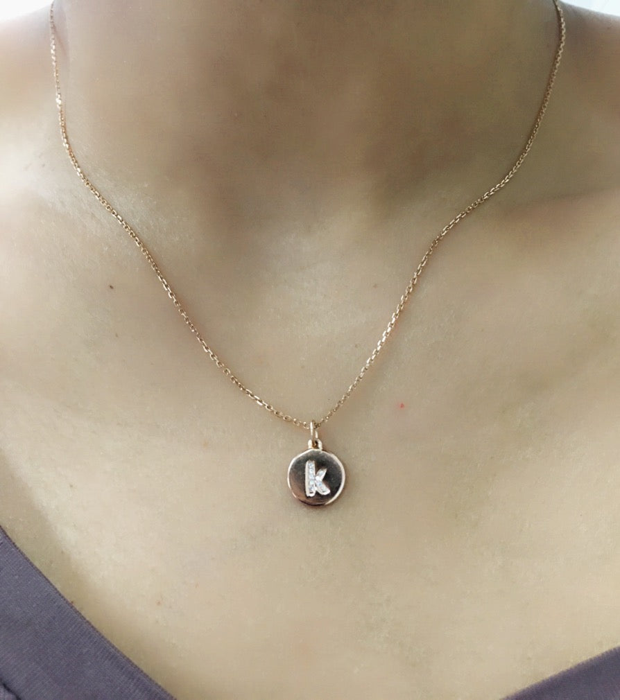 14K Gold Micro pave Diamond Initial Disc Necklace