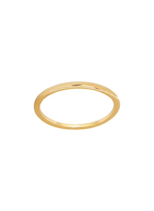 A simple, plain, gold stackable band ring on a white background.