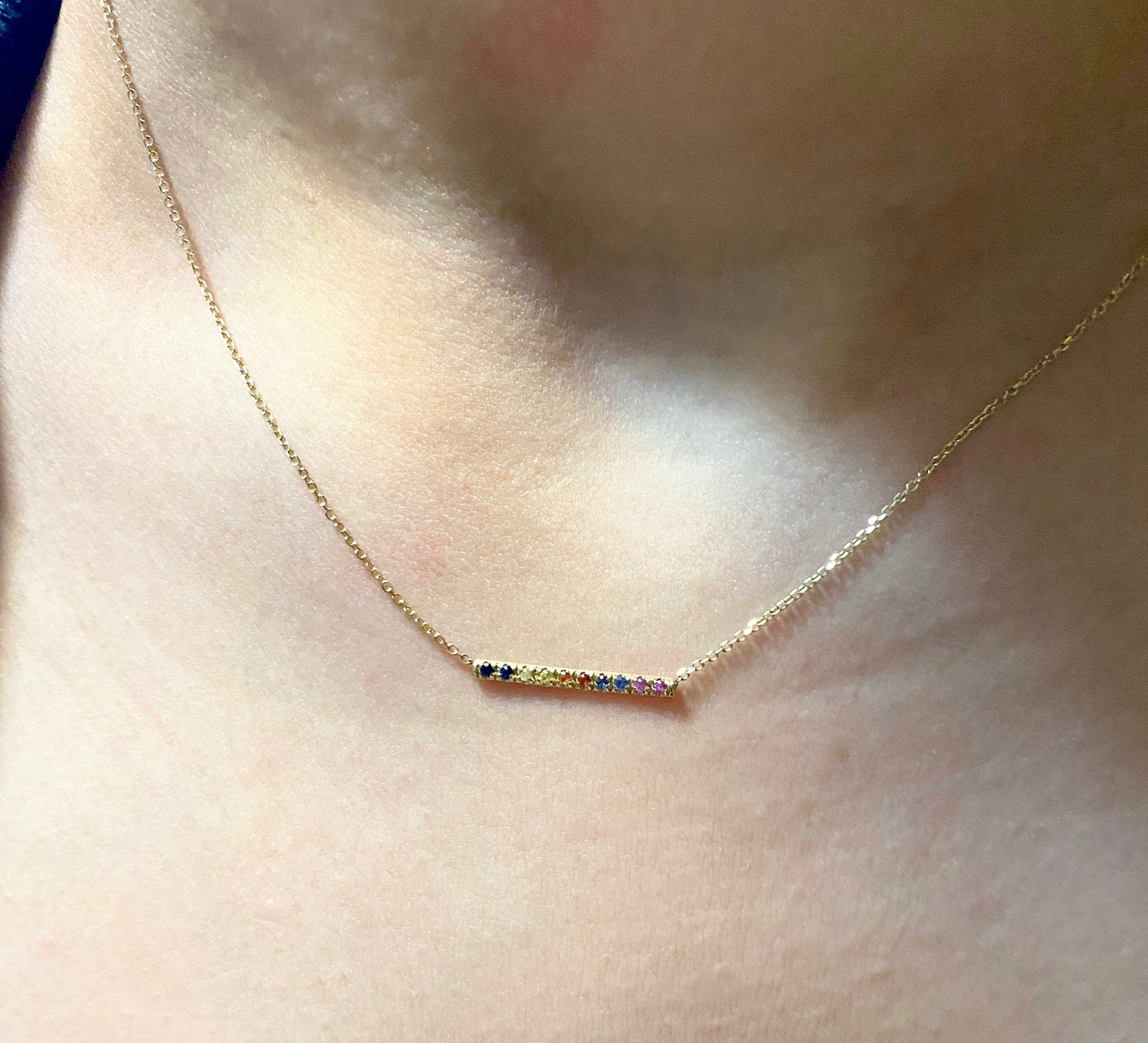 14K Gold Mini Micro pave Sapphire Bar Necklace