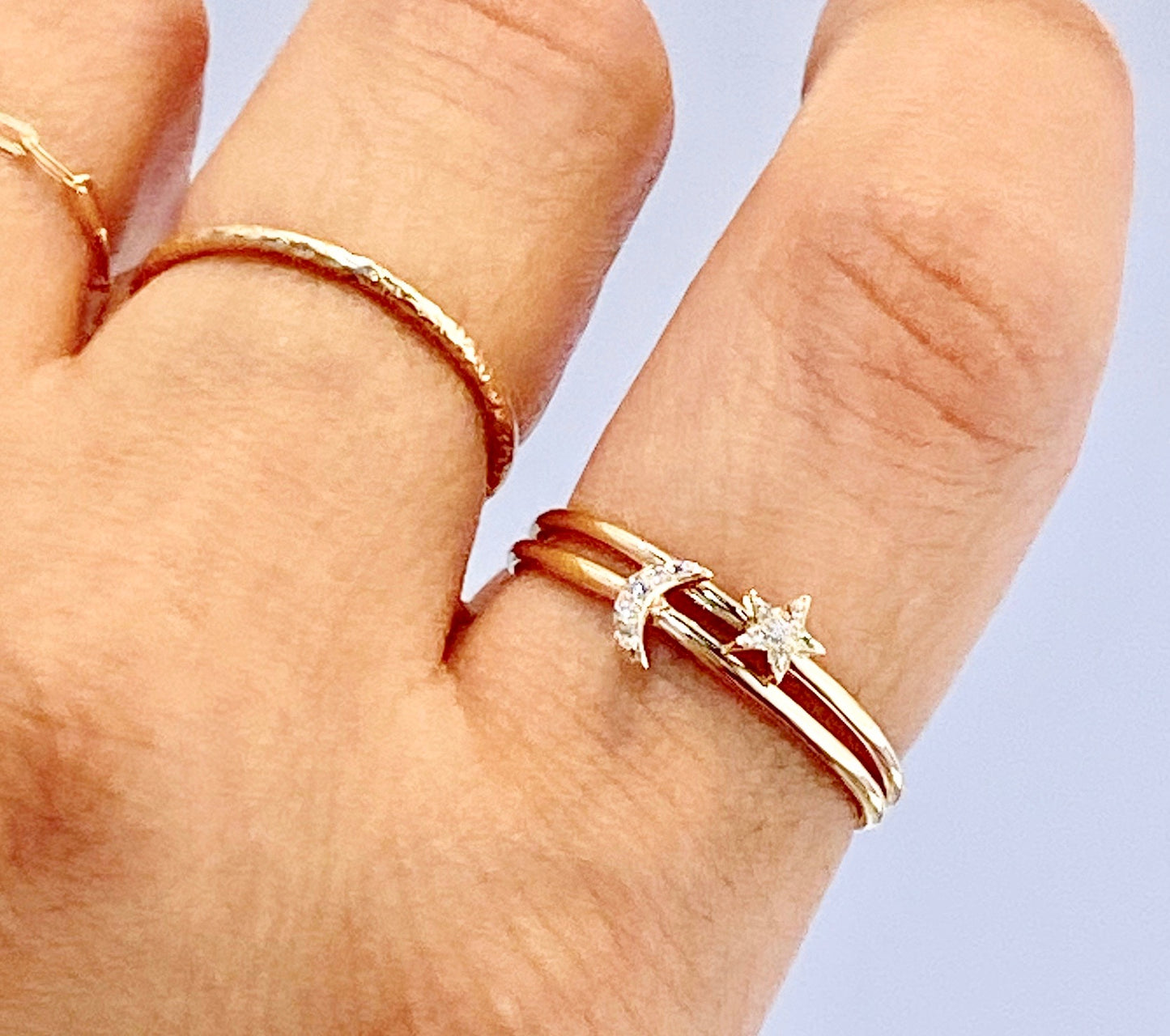 14K Gold Pave Diamonds Mini Moon Stackable Ring